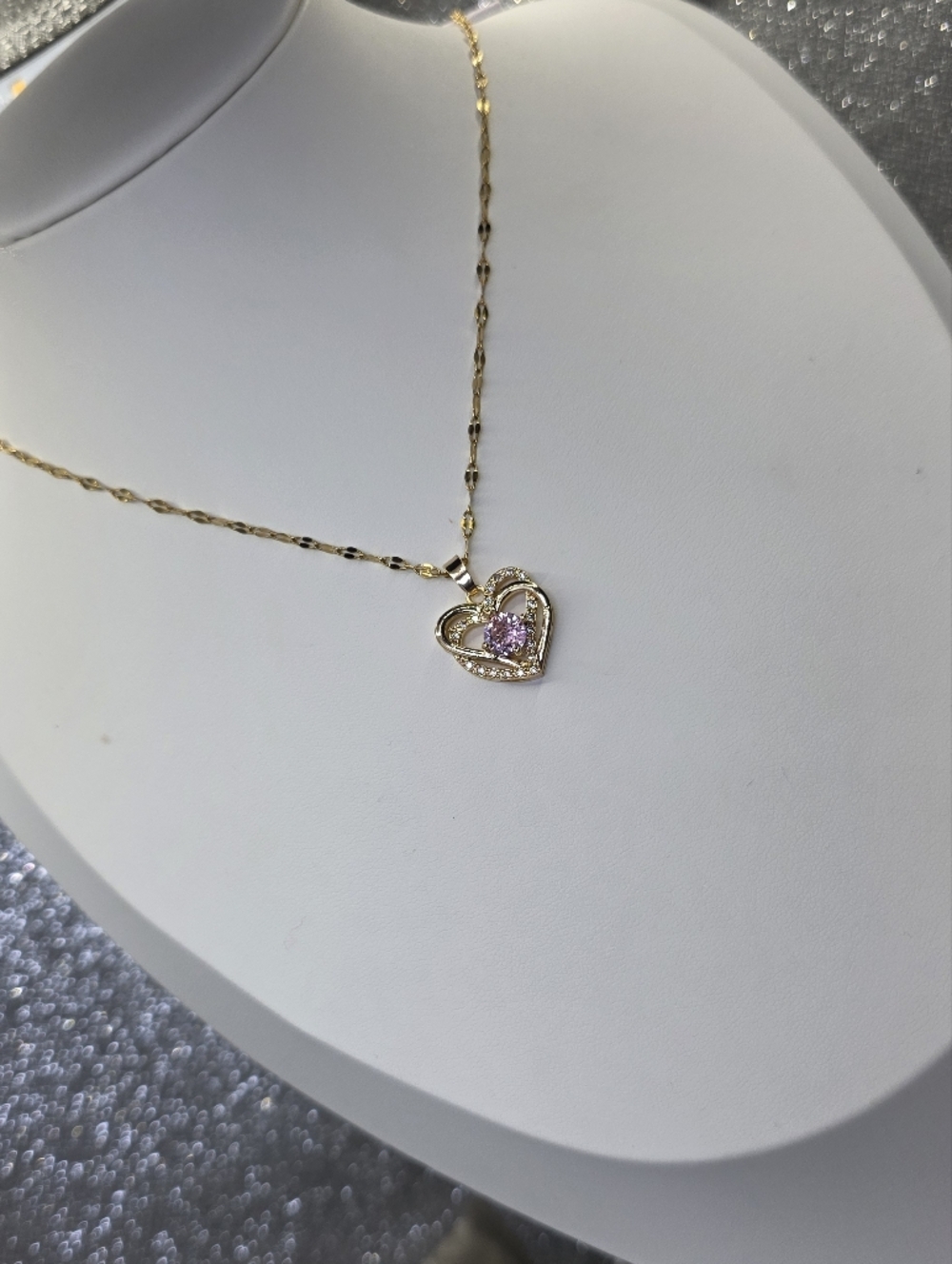18K Gold Plated Titanium Pink Diamond Choker Pendant Double Heart Necklace